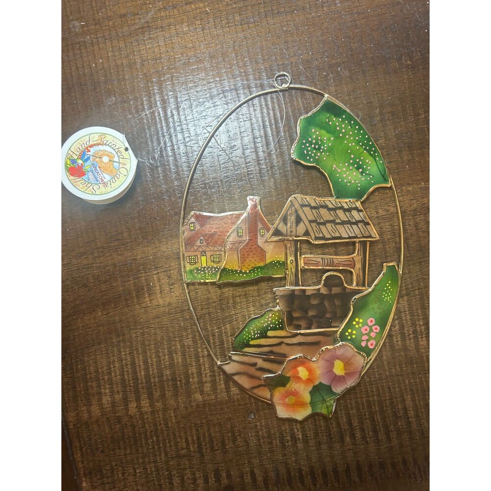 Vtg Dimensions Hand Painted Capiz Shell Suncatcher Wishing Well Garden Scene